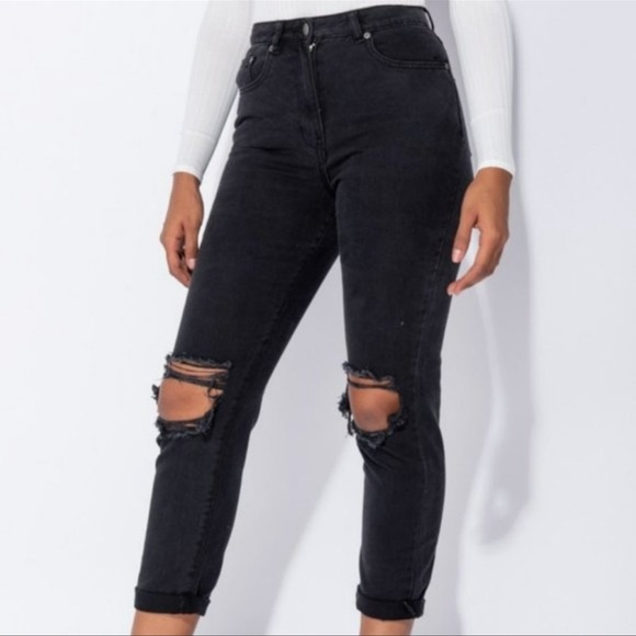 Black High Waist Ripped Distressed Cuffed Boyfriend Jeans Denim Pants - Picture 9 of 9